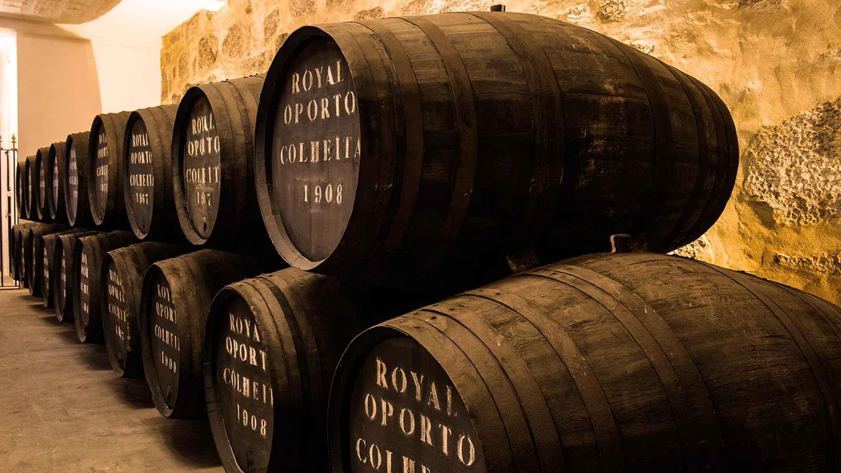 Real Companhia Velha port wine cellar casks on a guided port wine cellar tour in Vila Nova de Gaia near Porto, Portugal