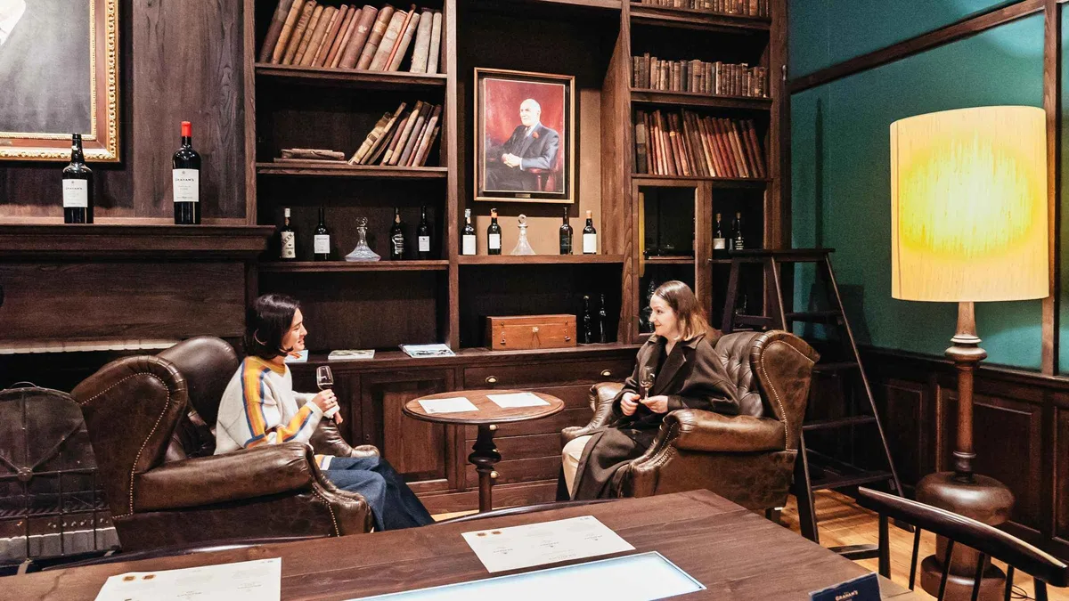 Graham's Port Lodge oak casks and the Vintage Room on a port wine cellar tour in Vila Nova de Gaia, Portugal